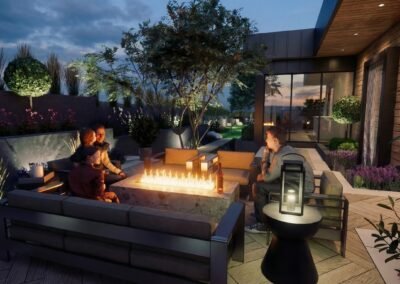 3D Design Backyard Patio with Retaining walls and fire table muskoka