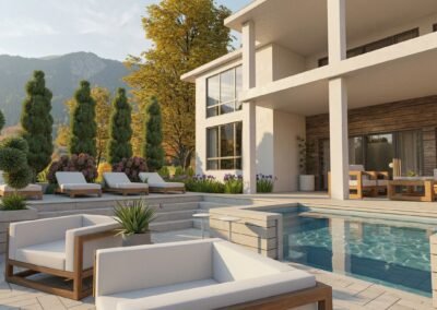 3D Render Design Backyard Patio, Stairs, and hot tub