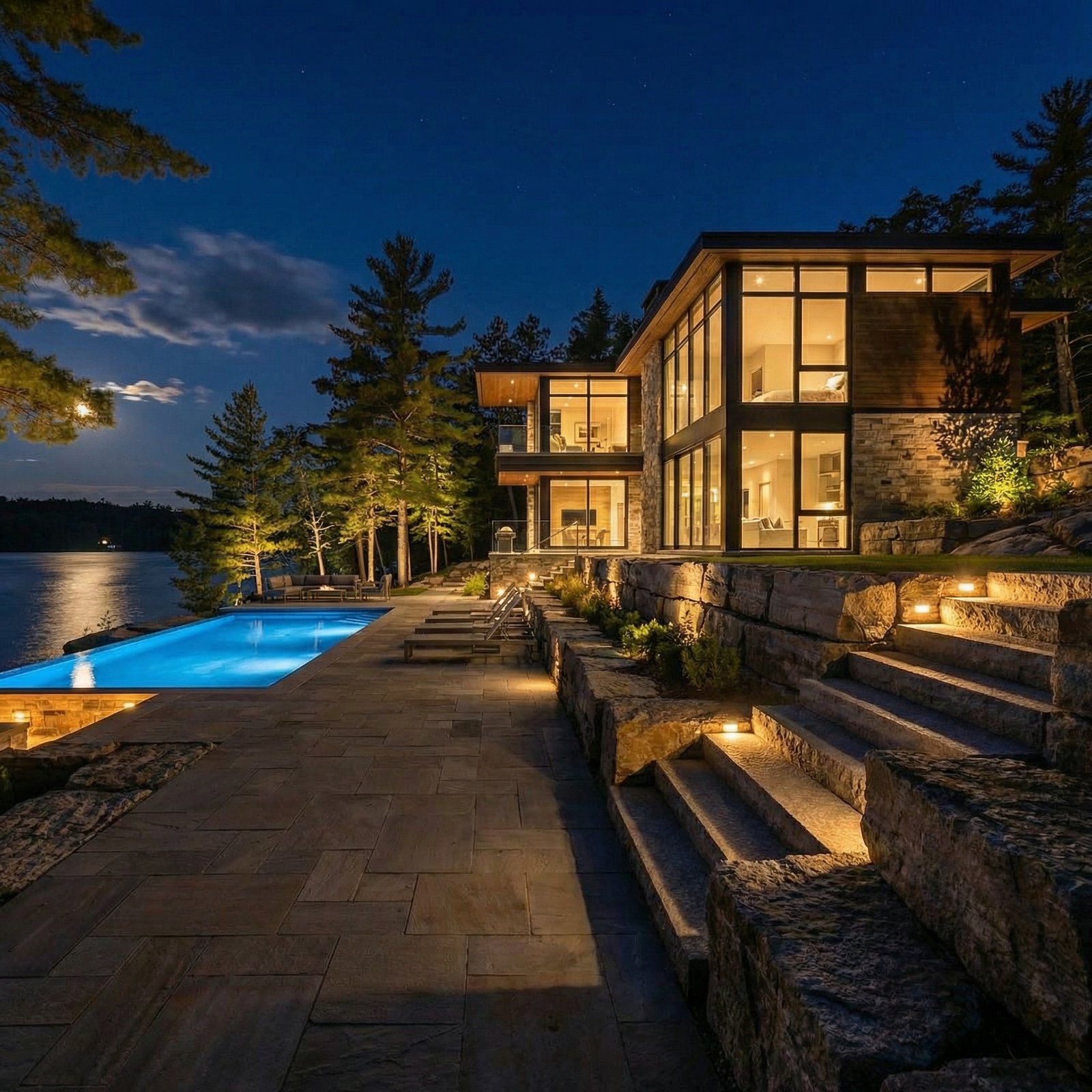 Architectural landscape lighting Muskoka home exterior