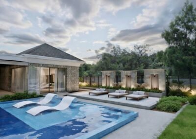 3D Design rendered pool deck with lounge chairs, outdoor lighting, and natural stone