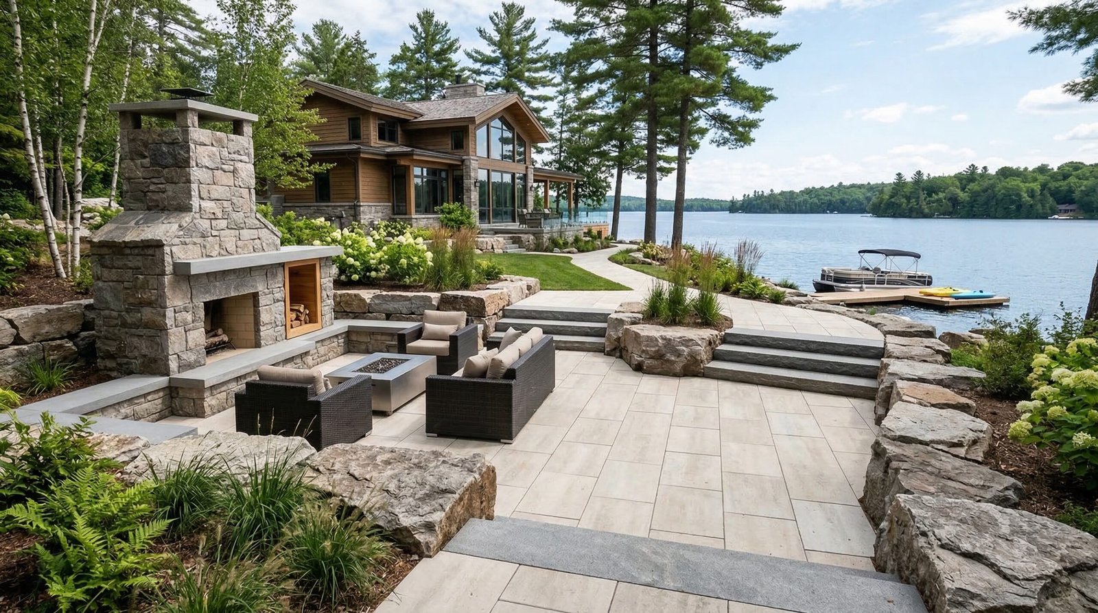 Muskoka garden lighting installation at dusk